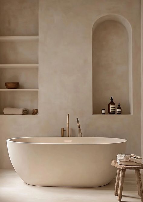 Modern Mediterranean Small Bathroom, Lime Wash Half Bath, Organic Bathroom Tile, Microcement Bathroom Sink, Natural Earthy Bathroom, Organic Modern Powder Room, Calm Bathroom Ideas, Lime Wash Bathroom, Spa Master Bath Ideas