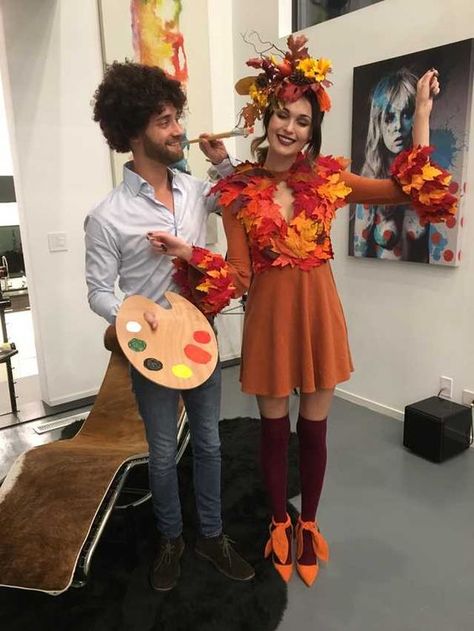 Bob Ross Halloween Costume, Tree Halloween Costume, Bob Ross Costume, Tree Costume, Diy Couples Costumes, Couples Halloween Costumes, Halloween Costumes Diy, Bob Ross Paintings, Couple Costume