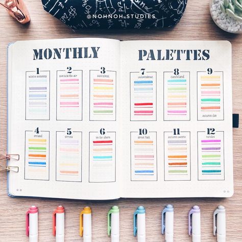 Kalon「stationery & bujo」 on Instagram: “Monthly color palettes 🎨 spread! I had a lot of fun choosing a color theme for each month of 2019, my favorite is January & August colors.…” Pen Swatches, Notes Supplies, Highlighter Swatches, August Colors, Weekly Log, Organization Bullet Journal, Zebra Mildliner, Bullet Journal Notes, Bullet Journal Aesthetic