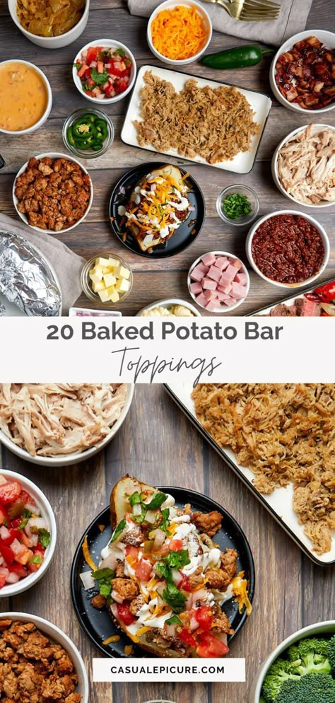 Potato Bar Party, Baked Potato Bar Toppings, Potato Bar Toppings, Potato Bars, Baked Potato Toppings, Party Food Bars, Baked Potato Bar, Best Baked Potato, Potato Bar