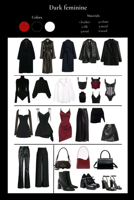 Scorpio Capsule Wardrobe, Dark Luxe Aesthetic Outfit, Clean Dark Outfits, Old Money Gothic Outfits, Dress Like A Scorpio, Dark Feminine Aesthetic Outfits Classy, Dark Femine Outfits Summer, Dark Feminine Aesthetic Clothes, Dark Feminine Outfit Ideas