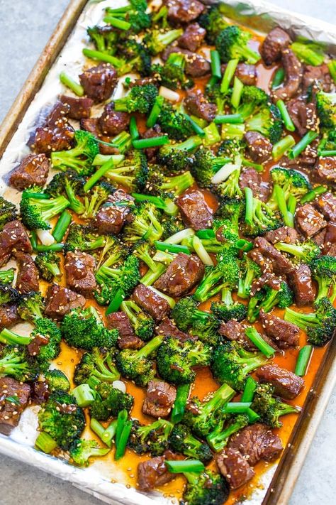 EASY, HEALTHIER than going out for Chinese because it's baked, and FASTER than calling for takeout!! So much FLAVOR in this family favorite! It'll go into your regular rotation!! Stew Meat Sheet Pan Dinner, Beef And Broccoli Sheet Pan Dinner, Easy Sheet Pan Dinners Steak, Sheet Pan Meals Steak, Beef And Broccoli One Pan, Sheet Pan Beef And Broccoli, Beef And Broccoli Sauce, Sheet Pan Beef, Camper Food