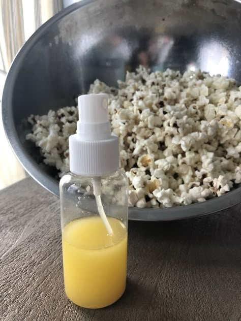 The Best Way to Spread Butter Evenly on Popcorn | Kitchn Diy Spray Butter, Butter For Popcorn How To Make, How To Season Air Popped Popcorn, Popcorn Oil Recipe, Air Popped Popcorn Seasoning, Popcorn Butter Recipe Homemade, Popcorn Butter Recipe, Air Popped Popcorn Recipe, Popcorn Flavoring