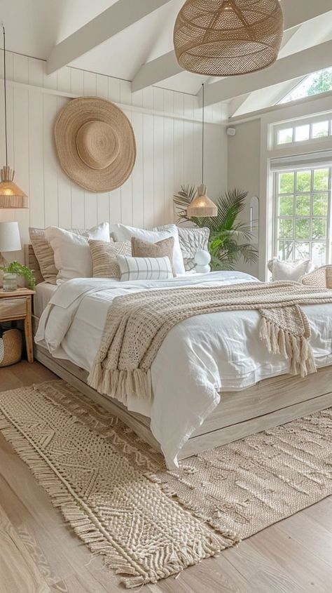 Bedroom Decor Boho Chic, Trending Room Ideas, Modern Cottage Bedroom Ideas, Sage Boho Bedroom, Boho Room Ideas Bedroom, Bali Style Bedroom, Coastal Bedroom Design, Bedroom Aesthetic Boho, Modern Farmhouse Bedroom Ideas