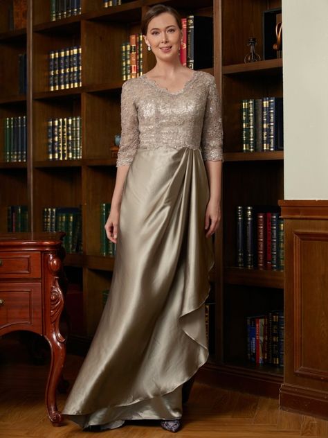 A-Line/Princess Silk Like Satin Lace V-neck 3/4 Sleeves Sweep/Brush Train Mother of the Bride Dresses Fall 2024 Wedding, Guest Wedding Dress, Mother Of Bride Dress, Mother Of The Bride Dresses Long, Fabulous Dress, Signing Table Wedding, Mother Of The Bride Gown, Bride Gown, Dress For Wedding