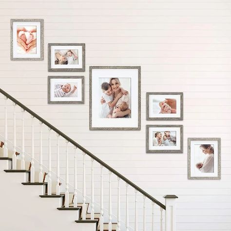 Picture Frames Going Up Stairs, Gallery Stairs Wall, Top Of Stairs Photo Wall, Upstairs Photo Wall, Engagement Picture Wall Decor, Stairway Decorating Pictures Family Wall Upstairs Hallway, Photo Wall Collage Up The Stairs, Stairwell Picture Display, School Picture Gallery Wall