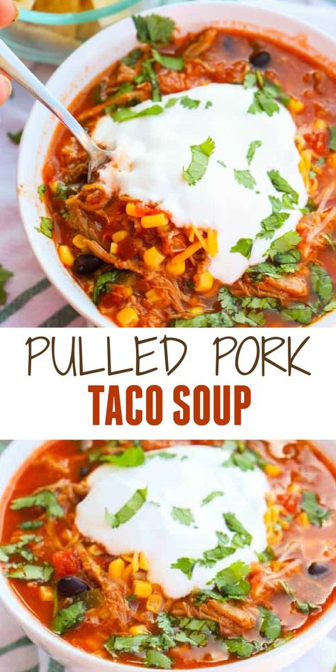 Pork Taco Soup, Pulled Pork Stew, Recipe Using Pulled Pork, Pulled Pork Soup, Pulled Pork Dinner, Shredded Pork Tacos, Shredded Pork Recipes, Pork Soup Recipes, Leftover Pork Roast