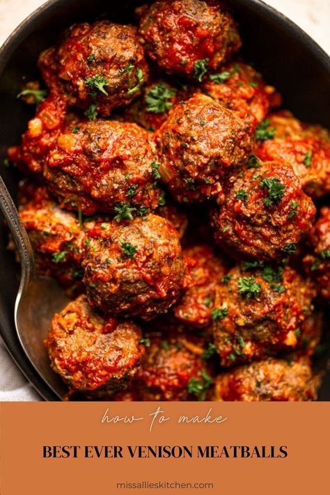 These Venison Meatballs are the best ever. They're tender and meaty, but not gamey at all. You can make a big batch of them to use up that ground deer meat. Deer Meat Recipes Ground, Venison Meatball Recipes, Ground Venison Recipes, Moose Meat, Venison Meatballs, Elk Recipes, Mediterranean Dinner, Moose Meat Recipes, Deer Recipes