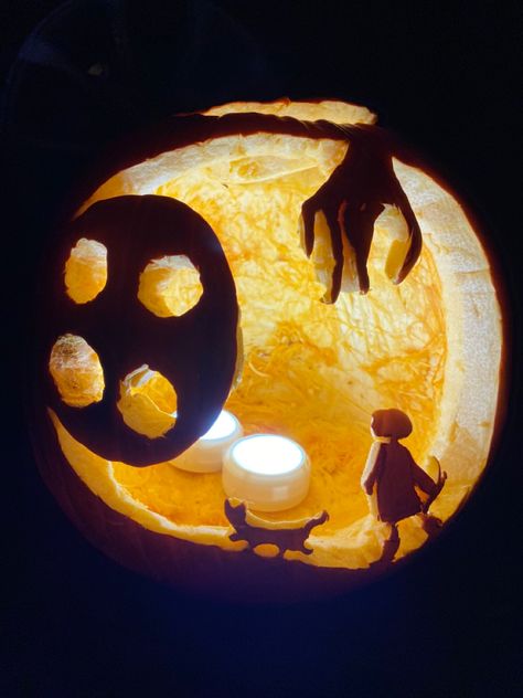 #coraline #halloween #pumpkin #pumpkincarving Pumpkin Carving Ideas For Wide Pumpkins, Pumpkin Carving Coraline Ideas, Pumpkin Painting Ideas Horror Movie, Pumpkin Carving Ideas Grunge, 2023 Pumpkin Painting, Vampire Carved Pumpkin, Halloween Movie Pumpkin Carving, Disney Inspired Pumpkin Carvings, Practical Magic Pumpkin Carving