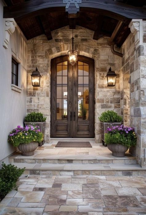 Stone Sidewalk, Exterior Entryway Ideas, Dream House Entrance, Game Room Ideas, Mediterranean Homes Exterior, Tuscan Style Homes, Hacienda Style Homes, Beautiful Front Doors, Tuscan House