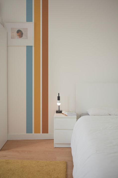 Cool Wall Designs Paint Bedrooms, Vertical Painted Wall Stripes, Color Block Wall With Shelves, 3 Color Accent Wall, Boys Room Striped Wall, Racing Stripes On Wall, Retro Wall Stripes Paint Ideas, Split Wall Colors, Lines Wall Paint