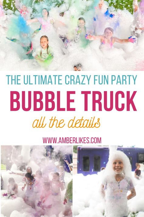 What's a bubble truck party? Get all the details on this unique and zany experience! This is definitely not just bubbles! #birthdayparty Bubble Party Games, Party Bubble Station, Bubble Party Food, Birthday Bubble Station, Birthday Party Bubble Station, Bubble Party Ideas, Bubble Trucks Sensory, 2nd Birthday Bubble Theme, Bubble Birthday Party