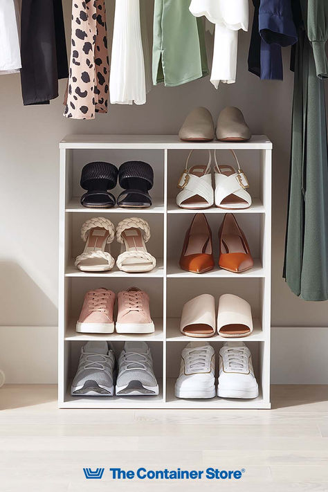 Our 8-Pair Shoe Organizer is an updated organization classic with generously sized compartments to accommodate women's large fashion footwear, men's shoes, and smaller handbags and clutches. When used vertically, the cubbies can accommodate 8-1/2" x 11" paper - ideal for the office. Slotted edges keep the dividers in place so that the unit can be positioned vertically or horizontally to maximize your space. Multiples can be stacked or placed side-by-side. Entry Hall Closet, Kids Shoe Storage, Shoe Shelf In Closet, Best Shoe Rack, Shoe Tray, Closet Storage Ideas, Shelf Inspiration, Closet Clutter, Closet Shoe