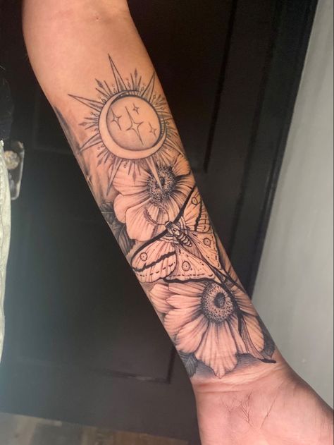 Moth Sleeve Tattoo Design, Sun Moon Stars Sleeve Tattoo, Sun Flower Sleeve Tattoo, Lunar Moth Sleeve Tattoo, Sun And Moth Tattoo, Sun And Moon Tattoo Flowers, Sun And Moon Forearm Tattoo Women, Moon And Sun Sleeve Tattoo, Sun And Moon Sleeve Tattoos For Women