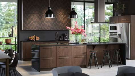 Dream Kitchen Island, Dark Brown Kitchen Cabinets, Ikea Kitchen Inspiration, Modern Konyhatervezés, Dark Brown Kitchen, Ikea Kitchen Planner, Brown Kitchen Cabinets, Dark Wood Kitchens, Kitchen Guide