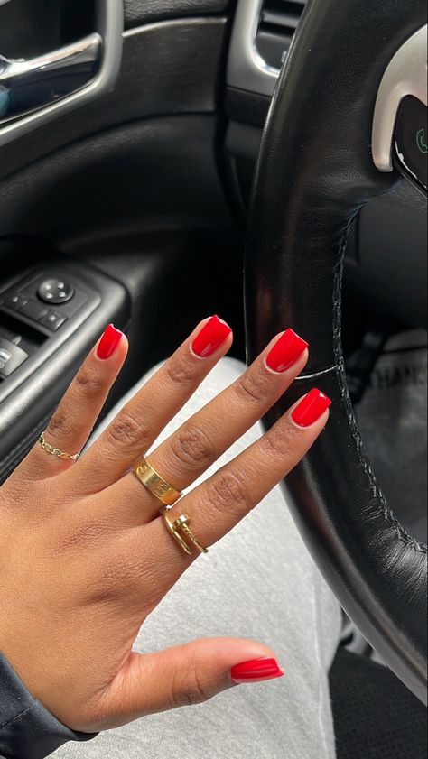 Almond French Tip Black Woman, Red Nails On Dark Skin Women, Short Square Red French Tip Nails, Red Overlay Nails, Red Gel Acrylic Nails, Oval Nails Black Women, Short Nails No Acrylic, Short Round Red Nails, Square Nail Colors