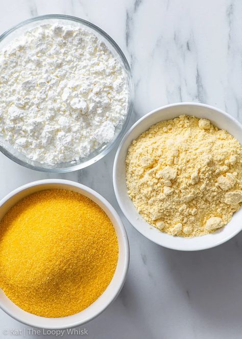 Overhead view of cornstarch, corn flour and cornmeal in small bowls. Dairy Free Kids Meals, Diy Gluten Free Flour, Gluten Free Flour Recipes, Dairy Free Kids, Keto Pastry, The Loopy Whisk, Loopy Whisk, Gluten Free Cookbooks, Df Recipes