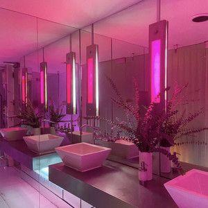 bathroom - montell fish Neon Signs In Bathroom, Pink Public Bathroom, Pink Nightclub Aesthetic, Pink Neon Bathroom, Aesthetic Public Bathroom, Neon Lights Bathroom, Neon Light Bathroom, Club Bathroom Design, Pink Spa Aesthetic