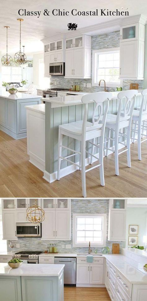 Beach Home Renovation, White Beachy Kitchen, Shore House Kitchen, Beach Style Interior Design, Sea Glass Backsplash Kitchen, Coastal Kitchens Beach Houses, Beach Interior Design Coastal Style, Beach House Kitchen Ideas, Beach House Kitchen Cabinets