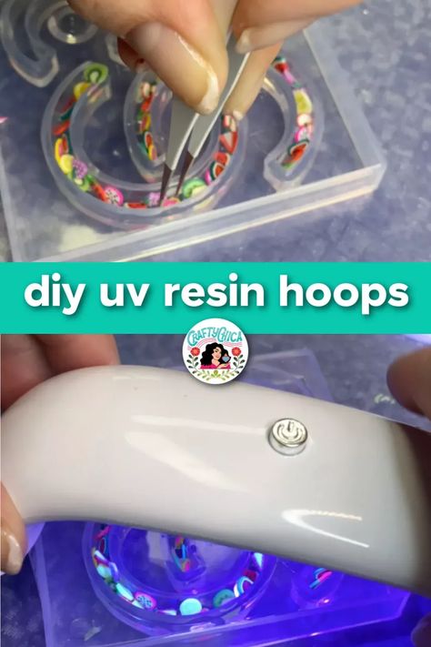 This is such a fun project for beginners! Use UV resin to make hoop earrings. Diy Uv Resin Crafts For Beginners, Uv Resin For Beginners, Uv Resin Crafts For Beginners, Diy Resin Earring Ideas, Resin Earrings Diy How To Make, Uv Resin Earrings Diy, How To Make Resin Earrings, Uv Resin Jewelry Diy, Self Care Crafts