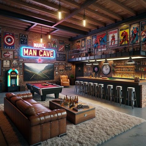 Small Sports Man Cave Ideas, Game Room In Garage, Mini Mancave Ideas, Man Cave In Basement, Garage Sports Cave, Basement Remodel Man Cave, Garage Conversion Man Cave, Garage Bar With Pool Table, Underground Man Cave