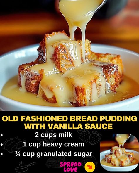 Old Fashioned Bread Pudding with Vanilla Sauce Desserts Shooters Recipes, Mini Desserts Shooters Recipes, Bread Pudding Recipe With Vanilla Sauce, Vanilla Sauce Recipe, Desserts Shooters, Shooters Recipes, Fruit Gelatin, Bread Pudding Sauce, Bread Pudding With Vanilla Sauce