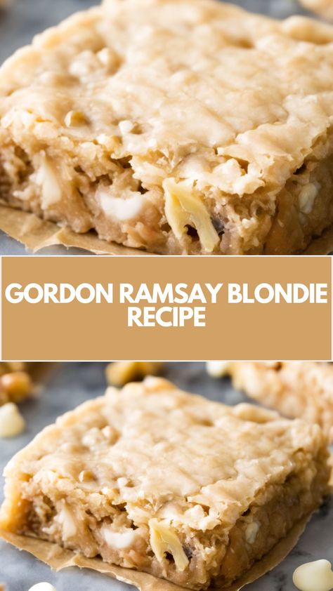 This delicious Gordon Ramsay Blondie recipe is a quick and easy treat that’s perfect for satisfying your sweet tooth. Made with simple ingredients like white chocolate chips and walnuts, these blondies are soft, fudgy, and full of flavor. With a golden, crispy edge and rich, melt-in-your-mouth texture, they’re sure to become a favorite! Gordon Ramsay Blondies Recipe, Gordon Ramsay Desserts, Blondie Brownies Recipe, Blonde Brownie Recipe, Gordon Ramsey Recipes, Breakfast Chicken, Gordon Ramsay Recipes, Blondie Recipe, Gordon Ramsay Recipe