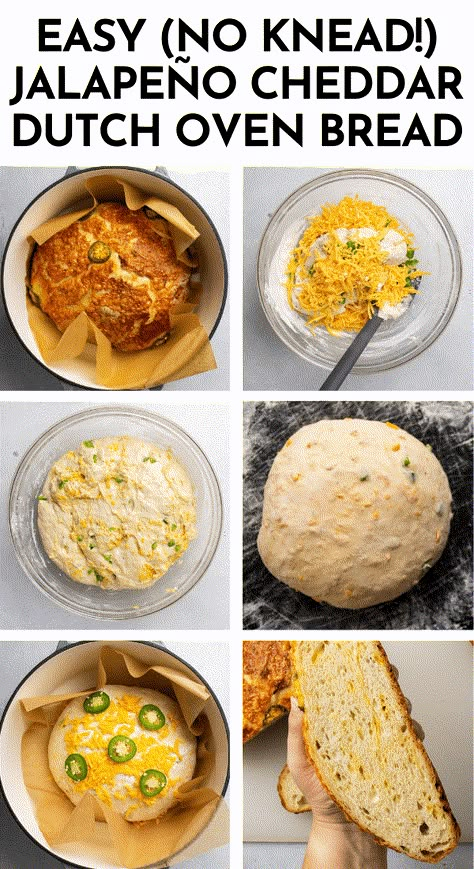 This easy jalapeño cheese bread is baked in a Dutch oven and is ready in just a few hours! With shredded sharp cheddar cheese, fresh jalapeños, and a simple bread dough. Includes plenty of step by step photos, a ton of notes and substitution ideas, and instructions to bake bread without a dutch oven! Perfect with your favorite tomato soup, as the base for a grilled cheese, or alongside a cozy chili recipe. Jalapeno Dutch Oven Bread, Jalapeno Bread Dutch Oven, Cheddar Jalepeno Bread Dutch Oven, Dutch Oven Cheddar Jalapeno Bread, Soup Sides Bread, Cheddar And Jalapeno Bread, Dutch Oven Jalapeno Cheese Bread, Dutch Oven Cheese Bread Recipes, Easy Jalapeno Cheese Bread