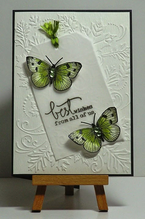 Tags On Cards, Tag Cards Ideas, Cards With Tags On Them, Cards With Butterflies, Inktense Pencils, Embossed Background, Green Butterflies, Tag Cards, Vellum Cards