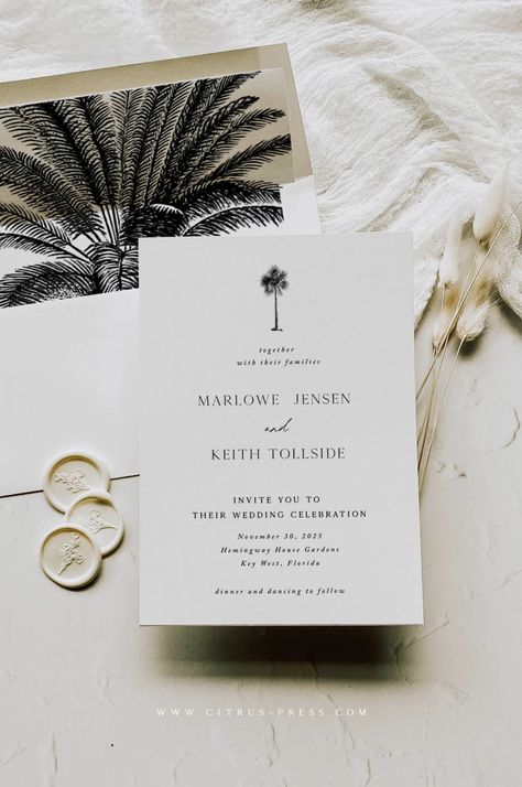 Modern Palm Tree Tropical Wedding Invitation | PDF DIY Template – Citrus Press Modern Tropical Wedding Invitations, Black And White Tropical Wedding, Minimal Wedding Invitations, Cabo Wedding Invitations, Tropical Wedding Invite, Destination Wedding Invites, Minimal Tropical Wedding, Mexico Wedding Invitations, Minimal Beach Wedding