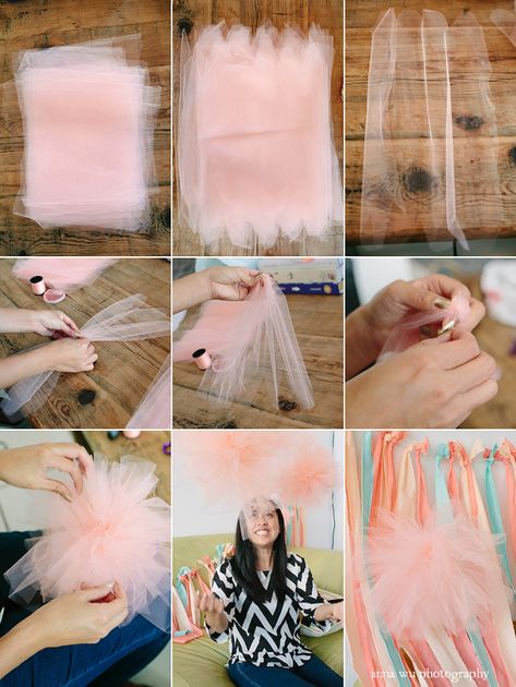 Tutu tulle pom pom tutorial | povparty_25 Tulle Pom Pom, Pom Pom Tutorial, Ballerina Baby Showers, Diy Tulle, Tulle Poms, Tutu Party, Ballerina Birthday Parties, Ballerina Party, Ballerina Birthday