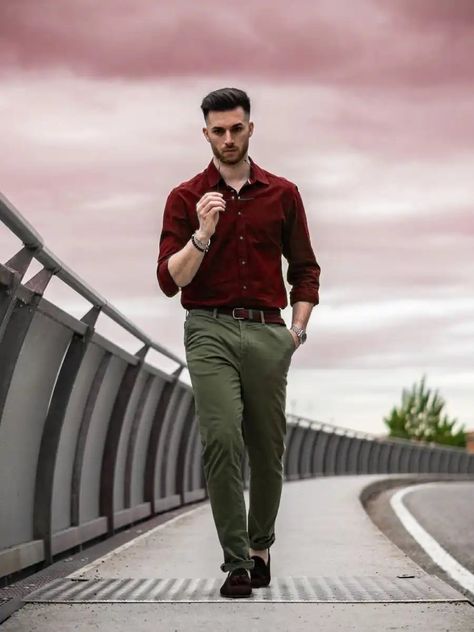 Maroon Shirt Combination Men, Green Olive Pants Outfit Men, Maroon T Shirt Outfit Men, Burgundy Polo Shirt Outfit Men, Olive Green Pants Outfit Men Casual, Maroon Tshirt Outfits For Men, Green And Maroon Outfit, Green And Burgundy Outfit, Maroon Shirt Outfit Men