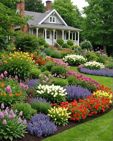 Hillside Flower Beds, Best Flowers For Front Of House, Flower Beds In Front Of House, Flower Landscape Ideas, Annual Flower Beds Design, Front Flower Garden, Yard Flower Bed Ideas, Front Yard Flower Bed Ideas, Annual Flower Beds