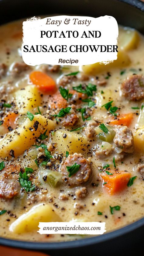 Potato and Sausage Chowder Fall Food Crockpot Recipes, Dairy Free Sausage Potato Soup, Soup Sausage Potato, Whole 30 Sausage Soup, Beef Chowder Recipes, Potato And Sausage Soup Recipes, Creamy Sweet Potato And Sausage Soup, German Chowder Soup, Healthy Crockpot Sausage Recipes