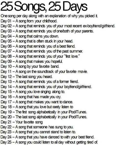 25 Songs 25 Days Challenge. I'll do this starting tomorrow! :D Writing Power, Budget List, Writing Samples, 2025 Planner, Song Notes, Song Challenge, Conversation Topics, Blog Challenge, Writing Challenge