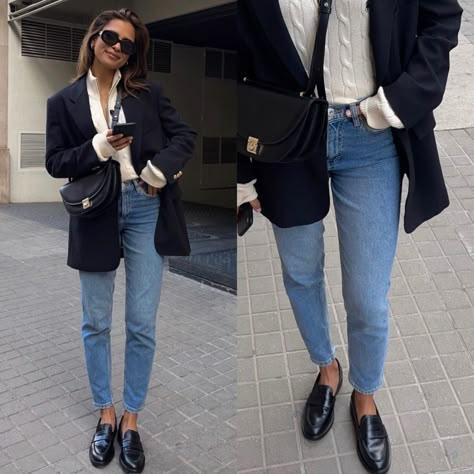 Black Blazer Loafers Outfit, Rugby Match Outfit Women, Women Black Loafers Outfit, Cobalt Blue Shoes Outfit, Slim Loafers Outfit, Navy Loafers Outfit Women, Navy Pinstripe Blazer Outfit Women, Navy Blazer Outfits For Women, Blue Loafers Outfit Women