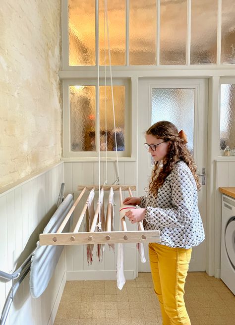 French Laundry Room Renovation French Laundry Room, Laundry/mudroom Ideas, Wall Drying Rack, Rustic Villa, Farm House Plans, Shop Apartment, Tiny Laundry, Room Improvement, Hanging Drying Rack