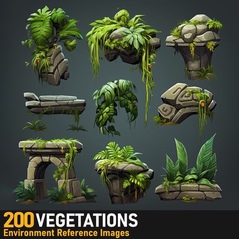 Stylized Plants, Stylized Forest, Map Assets, Forest Sketch, Painting Plants, Jungle Island, April Art, Game Animation, Geometry Dash