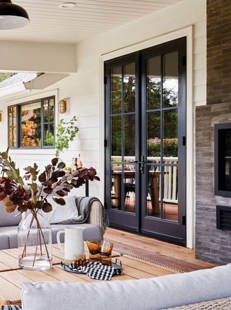 Inspired By: Exterior French Doors - The Inspired Room Back Door French Doors Patio, Bedroom Door To Patio, French Door Kitchen To Patio, Black French Doors To Deck, Bedroom Patio Doors Master, Backyard Doors Ideas Patio, French Door Ideas Exterior, Backyard Sliding Doors, Sliding Door To French Door