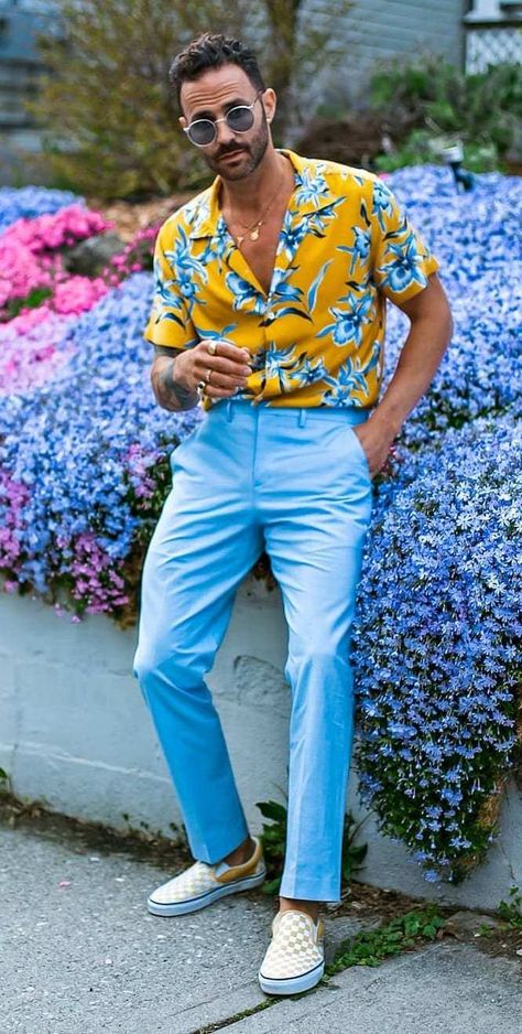 10 Floral Shirts To Up Your Next Summer Style Look Tropical Smart Casual Outfit Men, Printed Shirt Outfits Men, Havana Men Outfit, Floral Outfit Men Summer, Mens Tropical Formal Wear, Men’s Printed Shirt, Floral Shirts For Men Casual, Floral Shirt Outfit For Men, Fun Formal Outfits Men