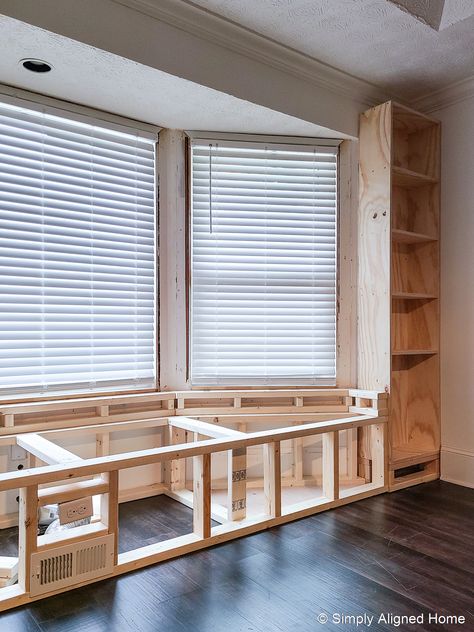 Window Bench With Storage, Bay Window Seat Ideas, Window Seat Living Room, Window Seat Storage Bench, Small Moody Office, Modern Bay Window, Window Storage Bench, Bay Window Bench, White Tree Decorations