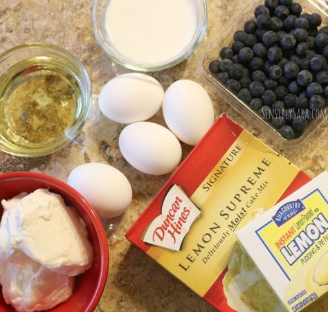 Ingredients for a Lemon Blueberry Cake | SensiblySara.com Easy Lemon Blueberry Bundt Cake, Cake Mix Lemon Blueberry Bundt Cake, Lemon Blueberry Pound Cake From Cake Mix Boxes, Cake Mix Lemon Blueberry Cake, Fresh Blueberry Cake Recipes, Lemon Blueberry Bundt Cake Recipes From Mix Boxes, Lemon Blueberry Box Cake, Lemon Blueberry Cake With Box Cake, Blueberry Bundt Cake With Box Cake