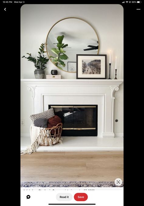 Round Mirror Over Fireplace, Minimalist Mantle, Minimalist Mantle Decor, Alabaster Paint, Above Fireplace Decor, Mirror Over Fireplace, Mirror Above Fireplace, Monochrome Interiors, Fall Mantel Decor