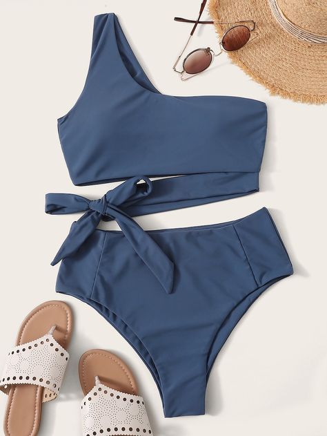 One Shoulder Top With High Waist Bikini Set | SHEIN Knot Decor, Trendy Swimsuits, Swimsuits Outfits, Cute Bathing Suits, Cute Swimsuits, Beachwear For Women, Swimwear Fashion, Swim Suit, Monokini