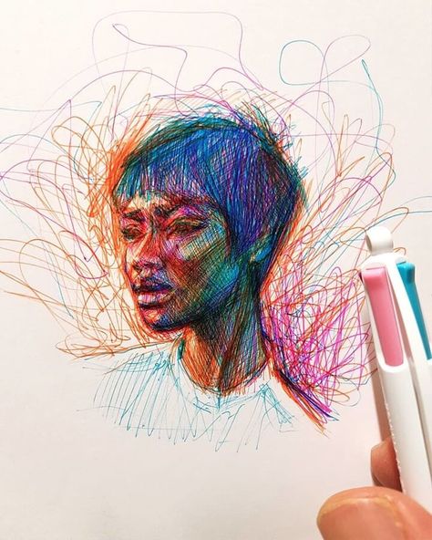 Scribble Color Pen Portraits. Click the image, for more art from Alberto Russo. Scribble Drawings, Biro Drawing, Biro Art, Ballpoint Pen Art, Scribble Drawing, Ink Pen Art, Ballpoint Pen Drawing, Scribble Art, Pen Art Drawings