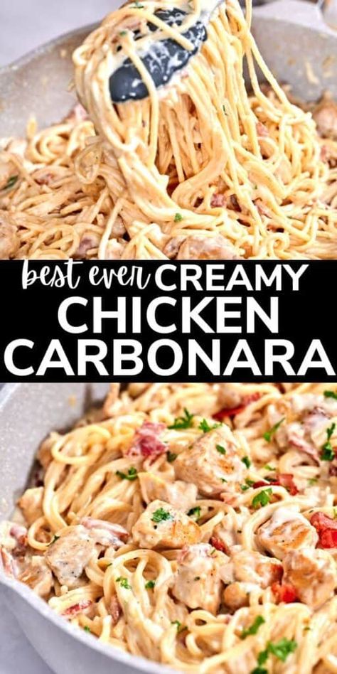 This Chicken Carbonara Pasta is the ultimate weeknight hero, featuring pan-seared chicken, crispy bacon, and a creamy Parmesan sauce. It’s restaurant-quality flavor you can make at home in just 30 minutes. Ultra-creamy and irresistibly good, this chicken pasta puts a new spin on traditional carbonara. Best Ever Chicken Carbonara, Best Chicken Carbonara, Baked Chicken Carbonara, Copycat Olive Garden Chicken Carbonara, Chicken Bacon Parmesan Pasta, Chicken Carbonara Pasta Recipe, Creamy Chicken Carbonara Recipe, Best Chicken Carbonara Recipe, Carbonara Pasta With Bacon