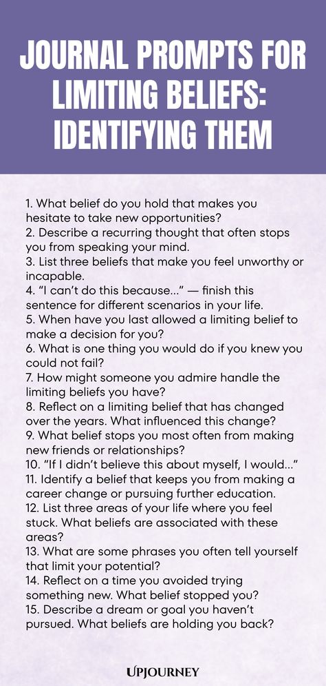 Explore powerful journal prompts designed to help you identify and overcome your limiting beliefs. Dive deep into self-discovery and unlock the barriers holding you back from reaching your full potential. Challenge your mindset with thought-provoking questions that will guide you towards a path of growth and self-awareness. Start transforming your thoughts today with these insightful journal prompts! Therapy Writing Prompts Journal Ideas, How To Reach Your Full Potential, Limiting Beliefs Journal Prompts, Self Awareness Journal Prompts, Mindset Questions, Self Limiting Beliefs, Psychology Terms, Mindfulness Journal Prompts, Journal Questions