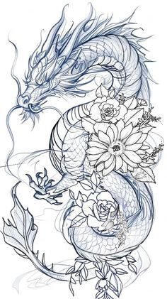 Tattoo Ideas Thigh Female, Dragon Female Tattoo, Dragon And Floral Tattoo, Dragon Inspired Tattoos, Dragon With Chrysanthemum Tattoo, Flowers With Snake Tattoo, Dragon In Flowers Tattoo, Dragon Rose Tattoo For Women, Dragon Tattoo Large