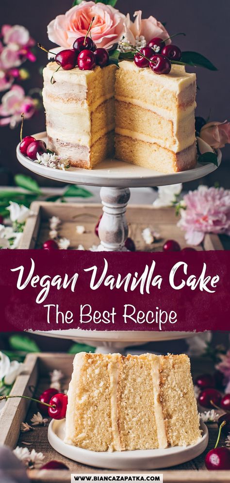 Vegan Vanilla Cake with Frosting Recipe Vanilla Vegan Cake, Vegan Vanilla Wedding Cake, Gluten Free Vegan Vanilla Cake, Moist Vegan Vanilla Cake, Vegan Cake Recipes Vanilla, Vegan Buttercream Frosting, Vegan Vanilla Cake, Vegan Pies Recipes, Easy Buttercream Frosting