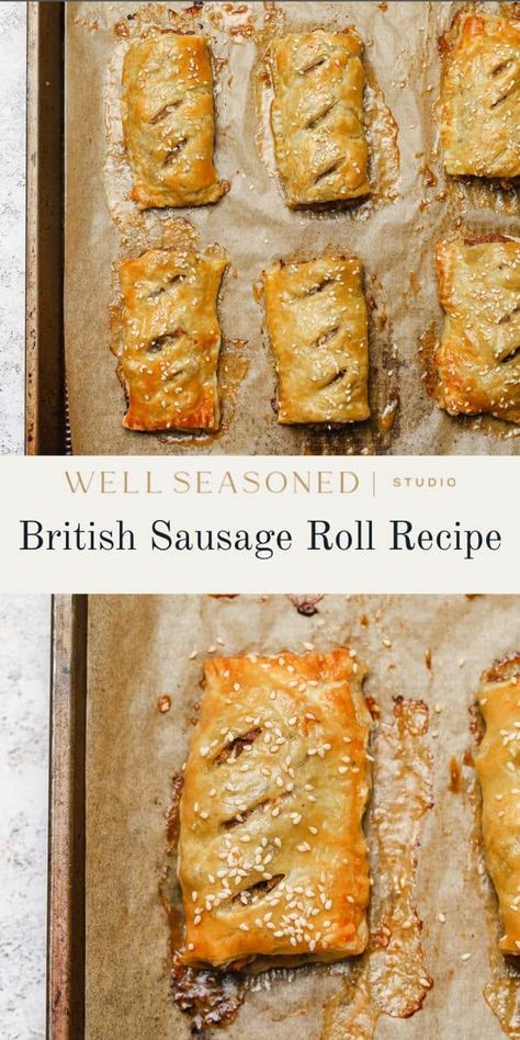 Warm, flaky Sausage Rolls are baked until golden brown and the filling is sizzling. These British treats are a fantastic appetizer or, when cut into smaller bite-size pieces, make a delicious savory hors d'oeuvres for holiday parties. Make ahead and freezer-friendly! #wellseasonedstudio #sausageroll #puffpastry #britishfood British Sausage Rolls, British Sausage, Sausage Roll Recipe, Homemade Sausage Rolls, Bake Off Recipes, Sausage Rolls Recipe, British Cooking, Best Sausage, Sausage Roll